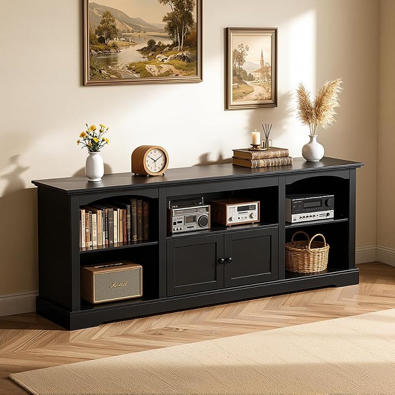 LUCKLIFE 71" TV Stand for TVs up to 80 Inch,Modern Farmhouse Entertainment Center with Arched Cabinet Doors & Open Adjustable Storage Shelves,Media Console Table for Living Room (Black, 71 inch) image 4