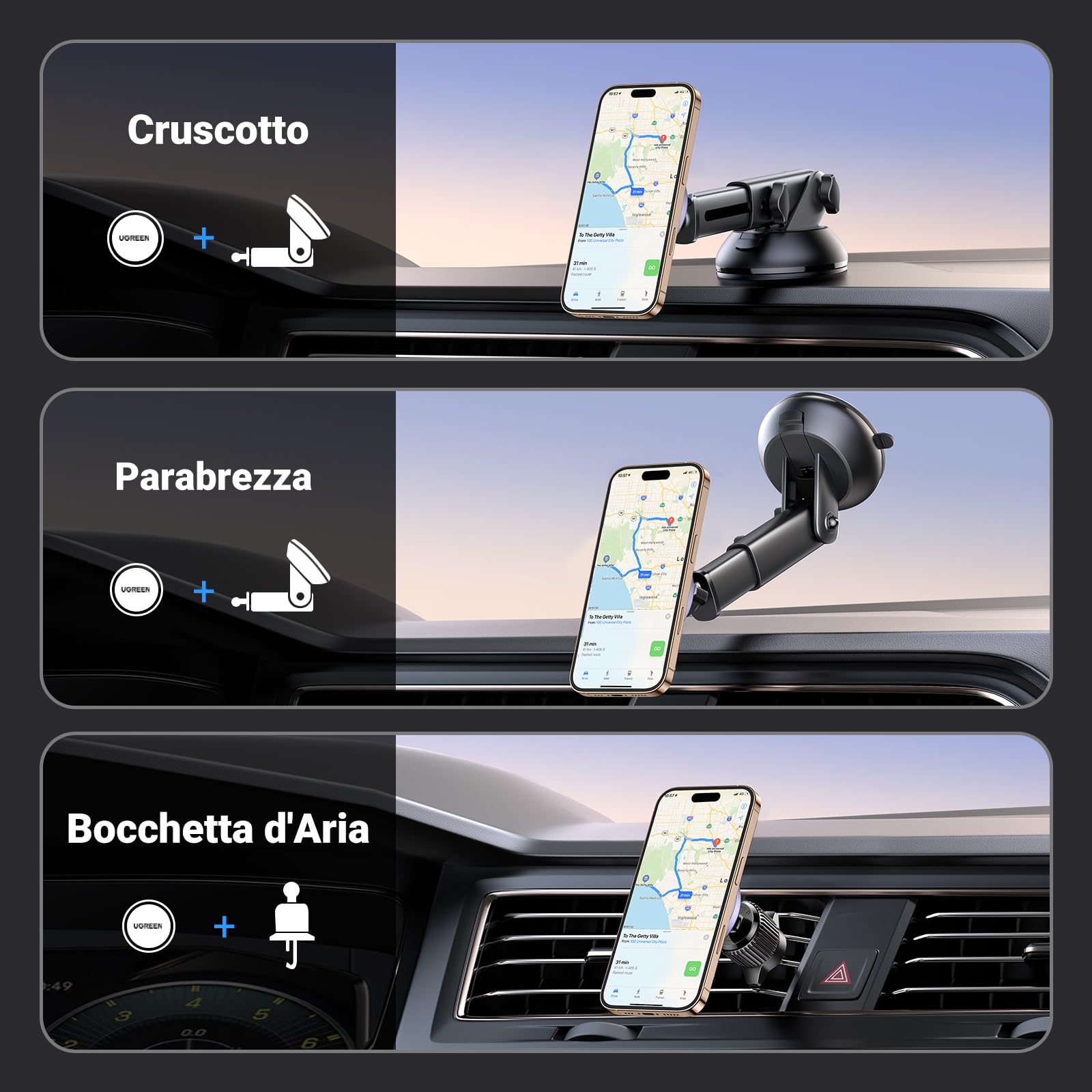 UGREEN Supporto Telefono Auto Magsafe 2 in 1, Porta Cellulare Macchina Per il Cruscotto & Bocchette di Aerazione e Parabrezza Compatibile con iPhone 16 15 14 13 Plus Pro Max, Galaxy, Xiaomi, ecc.