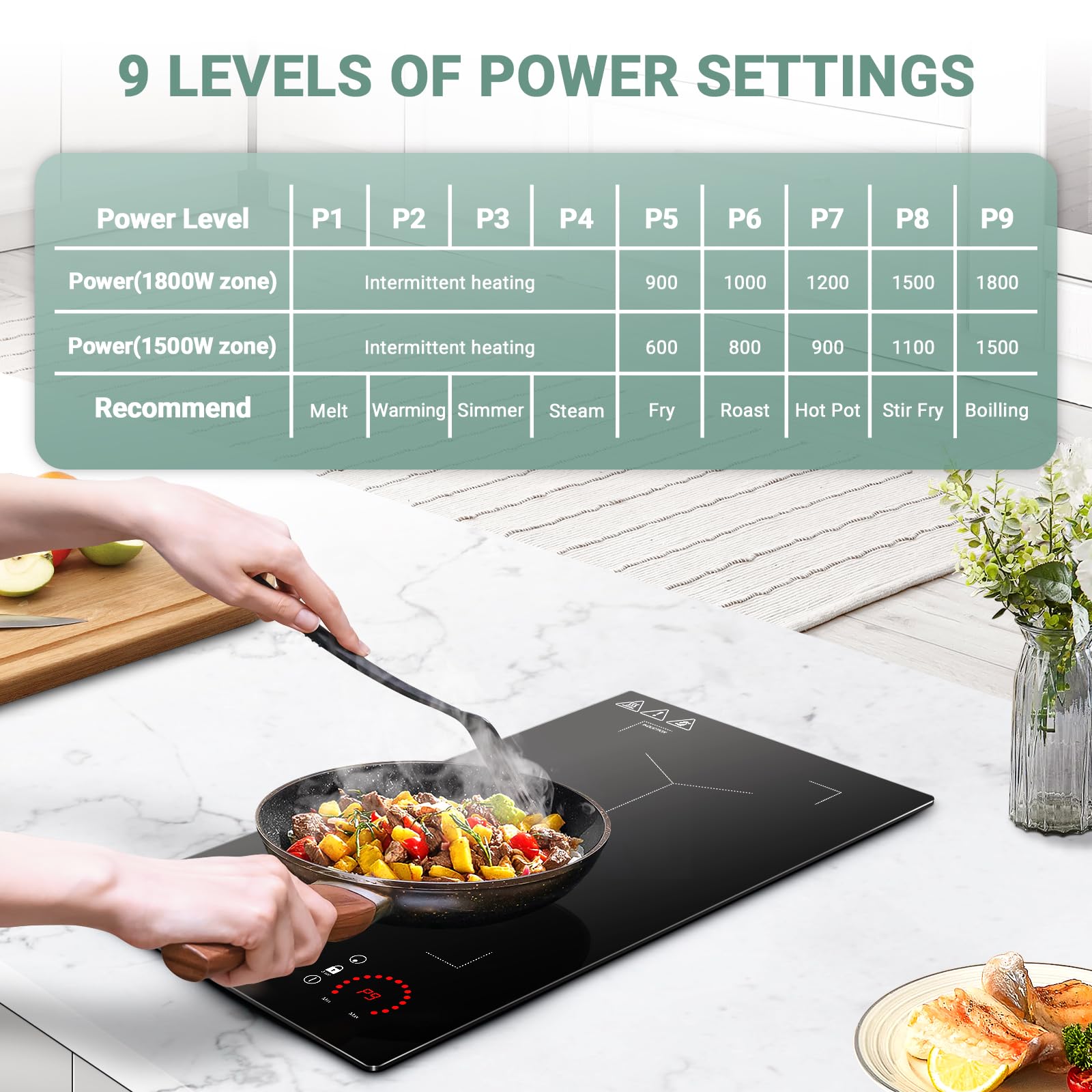 AMZCHEF Piastra a Induzione 2 Fuochi, Piano Cottura Induzione con Flex zone con 9 Livelli di Potenza, Riscaldamento Intermittente, Serrature di sicurezza e timer,Controllo Touch Slide,3300W,Nero