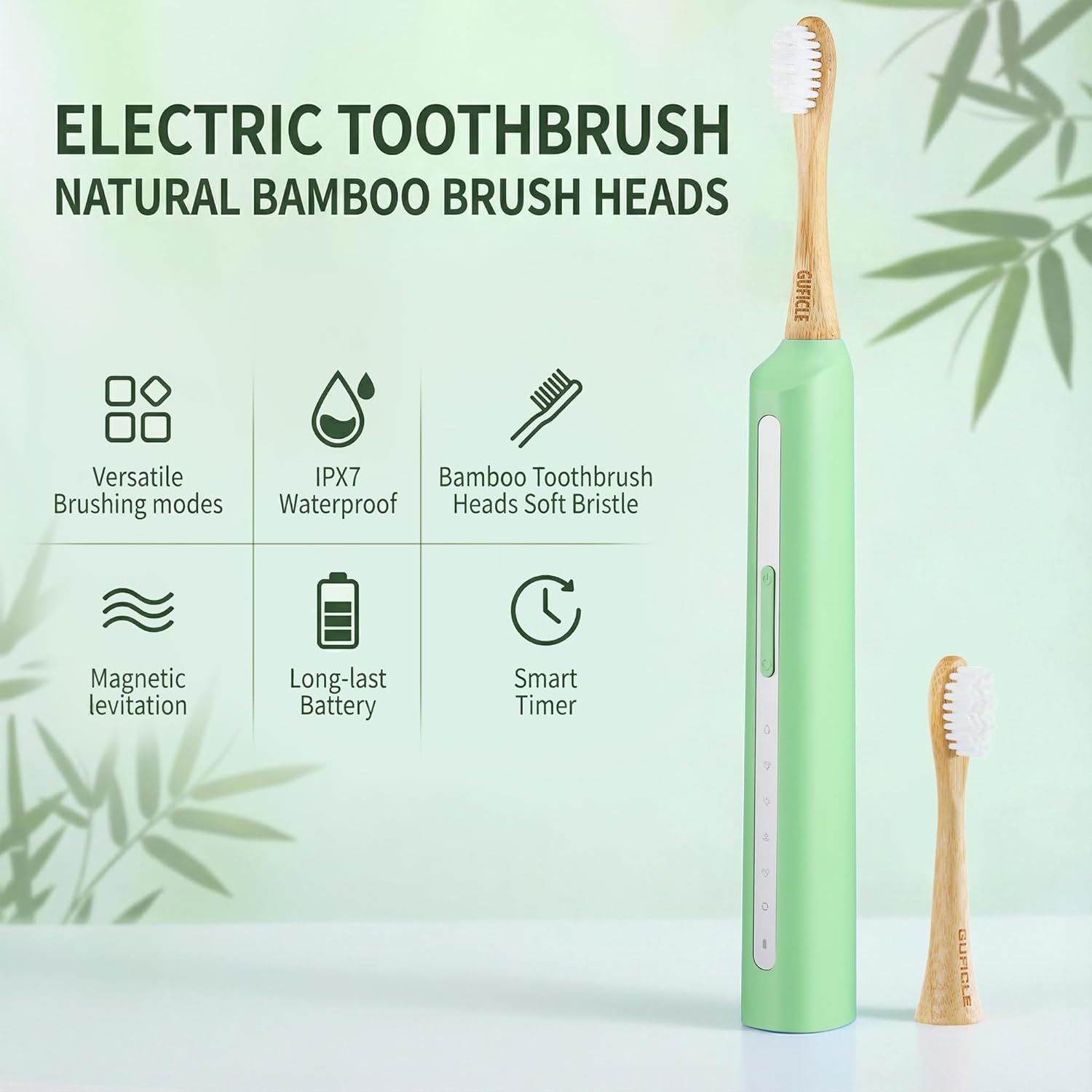 Bamboo Electric Toothbrush丨Rechargeable Electric Toothbrush with 4 Bamboo Heads, Soft Castor Oil Bristles,5 Moedes&3 Intensities, 45 Days Battery Life, IPX7 Waterproof-Light Green