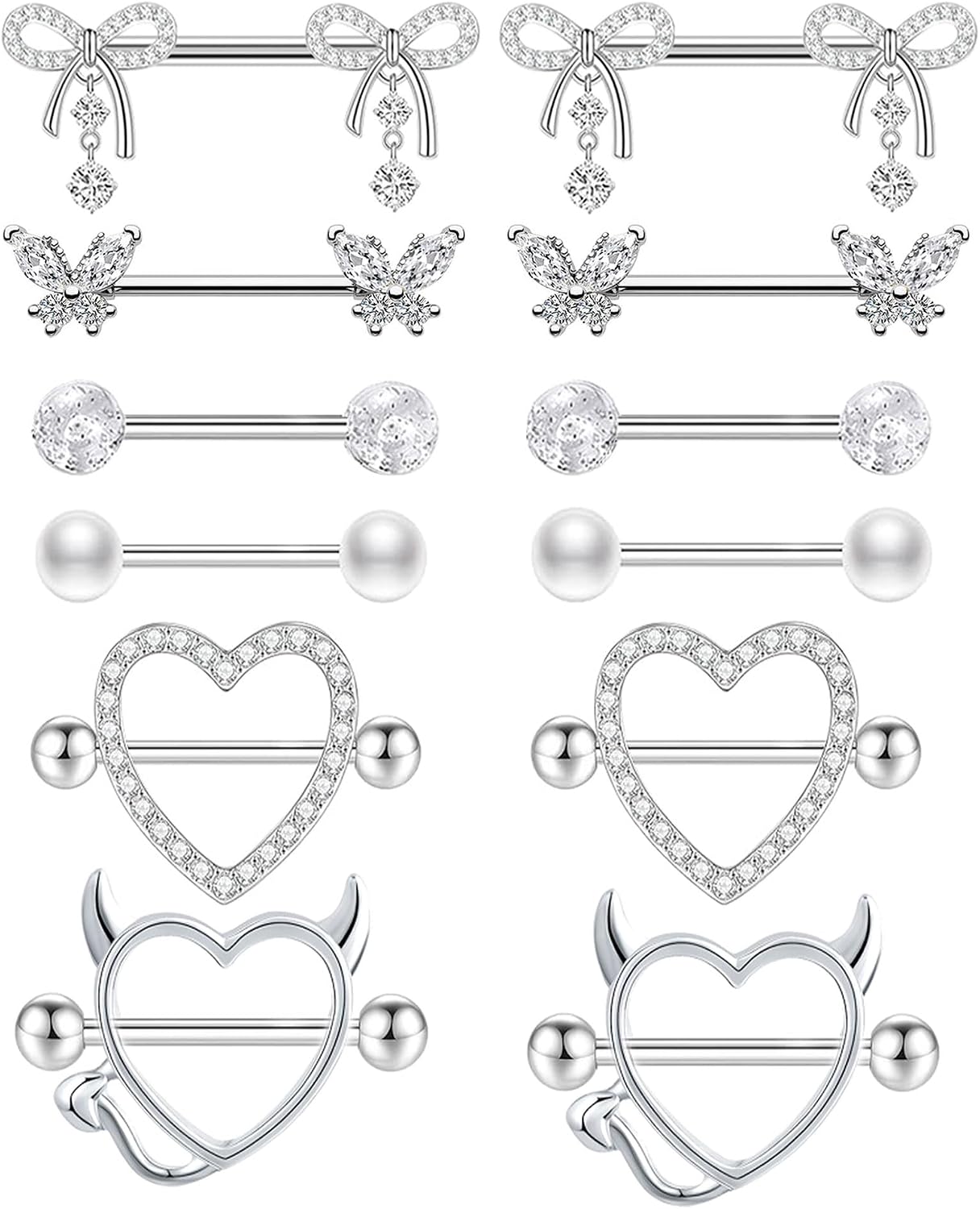 TIANCI FBYJS 6 Pairs 14G Nipple Rings for Women 316L Stainless Steel Heart Bow CZ Flower Barbell Nipple Rings Set Cute Nipplerings Piercing Jewelry