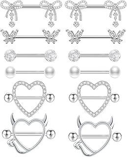 6 Pairs 14G Nipple Rings for Women 316L Stainless Steel Heart Bow CZ Flower Barbell Nipple Rings Set Cute Nipplerings Piercing Jewelry