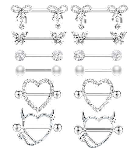 TIANCI FBYJS 6 Pairs 14G Nipple Rings for Women 316L Stainless Steel Heart Bow CZ Flower Barbell Nipple Rings Set Cute Nipplerings Piercing Jewelry - silver