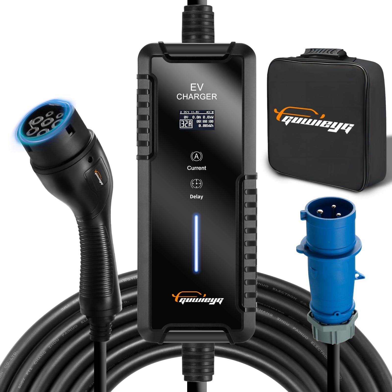 Electric Car Charger, 7.2 kW, EV Type 2 IEC 62196 Charger with CEE Plug, 6-32 A Adjustable Equipped with Intelligent Application, 5 m