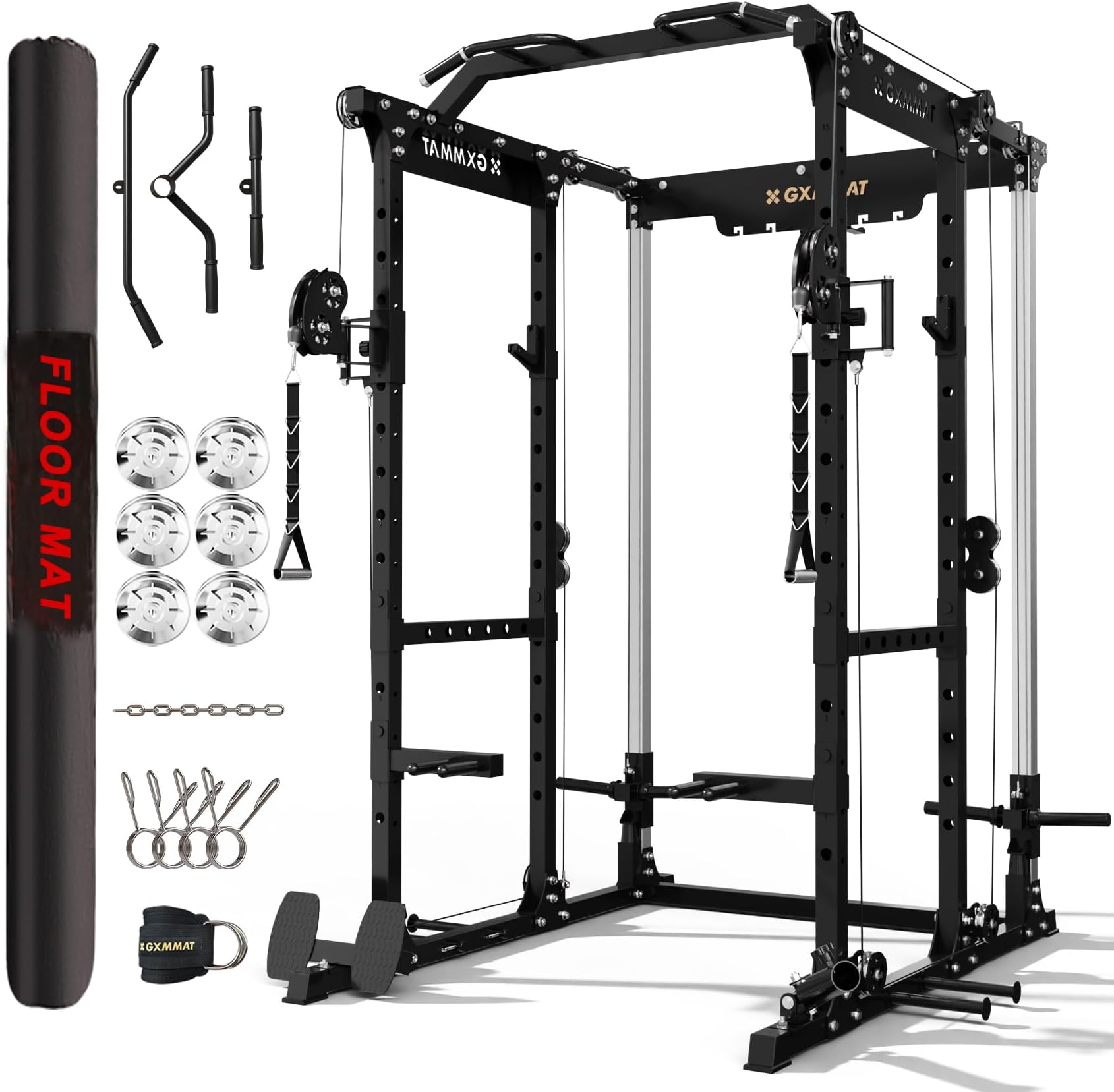 - Gxmmat X6 Power Cage, 2200LB Multi-Function Power Rack with Independent Dual Aluminum Pulley System, Squat Rack for Home Gym Strength Training Equipment, Heavy-Duty Steel Construction