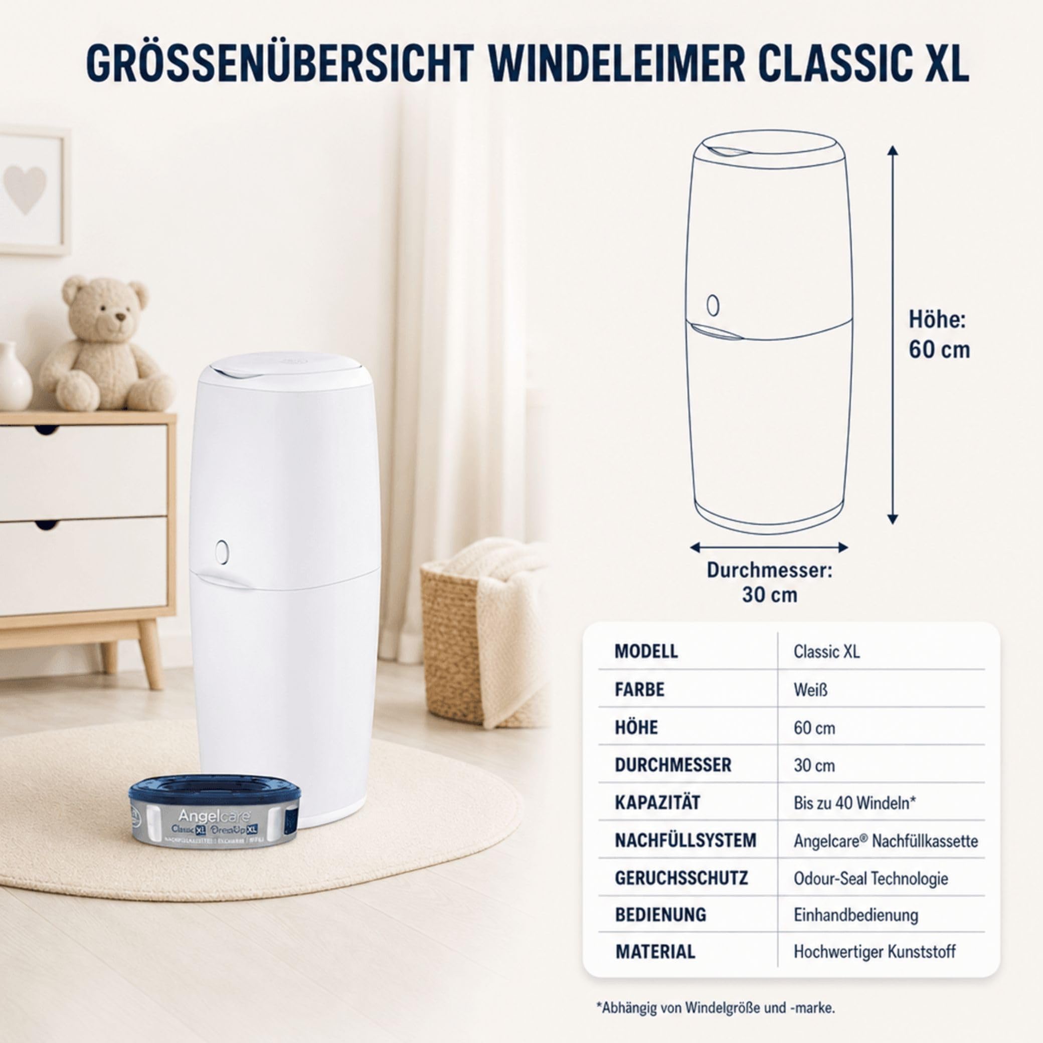 Kinderhaus Blaubär Angelcare Windeleimer Classic XL | komfortabel | Nachfüllkassette mit optimalen Geruchsschutz | 7-schichtige antibakterielle Folie | Fassungsvermögen bis zu 57 Windeln