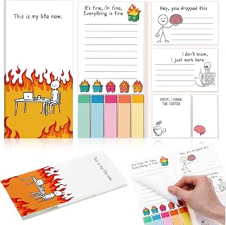 Maitys 300 Sheets Funny Sticky Notes Pad Gifts Funny Sticky Notes 1 Pack Fun Office Gifts for Coworkers Everything is Fine Note Work Gag Self-Stick Memo Pad Office School Supplies(Fire)