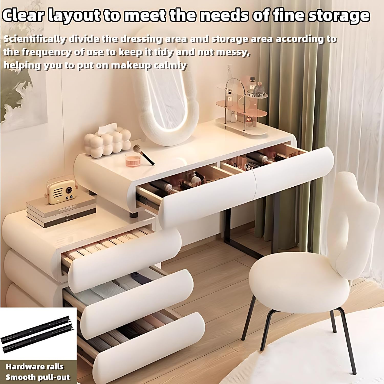 Vanity Desk - Modern Vanity with Lights, Smart Make Up Vanity with Large Storage Cabinet, Solid Wood Mirror with Lights Desk and Chair, No Installation Required (Pink 3 Drawers, 47.2”)
