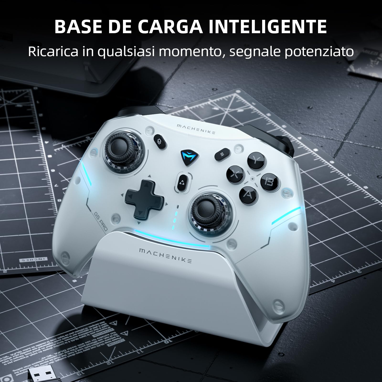Machenike G5PROMAXSE Mando PC Gaming Inalambrico con Base de Carga, Hall Joystick Hall Trigger, Gamepad Mando Bluetooth para STEAM/PC/Switch/iOS/Android, Turbo/Vibración, Gris