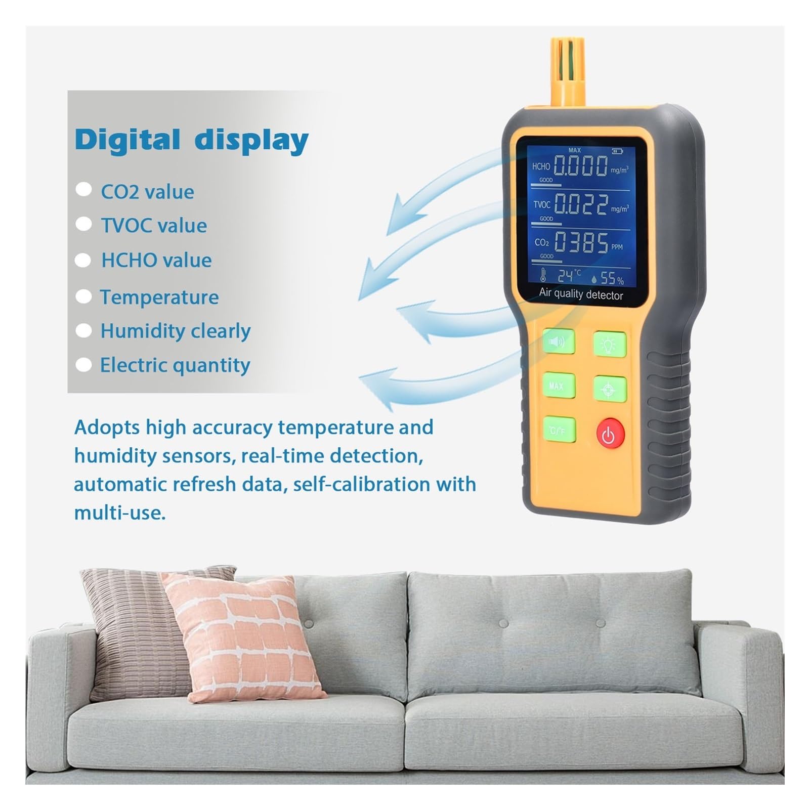 Misuratori di CO2 Rilevatore monitor della qualità 'aria Display LCD con anidride carbonica retroilluminata TVOC HCHO Sensore rilevamento 'umidità temperatura Per cucina e camper
