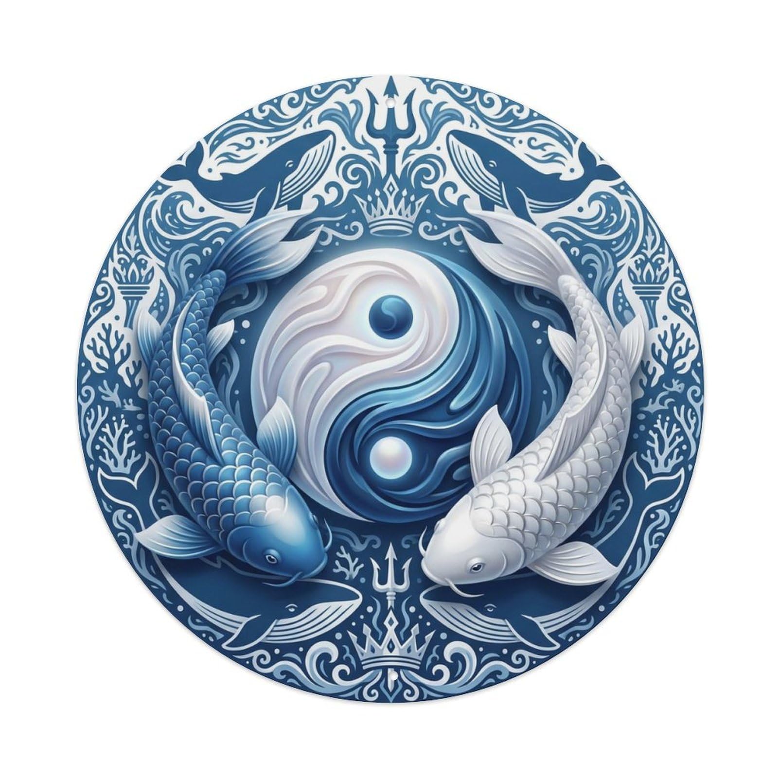 Tai Chi Koi Fish Whale Blue White Ocean Metal Tin Sign