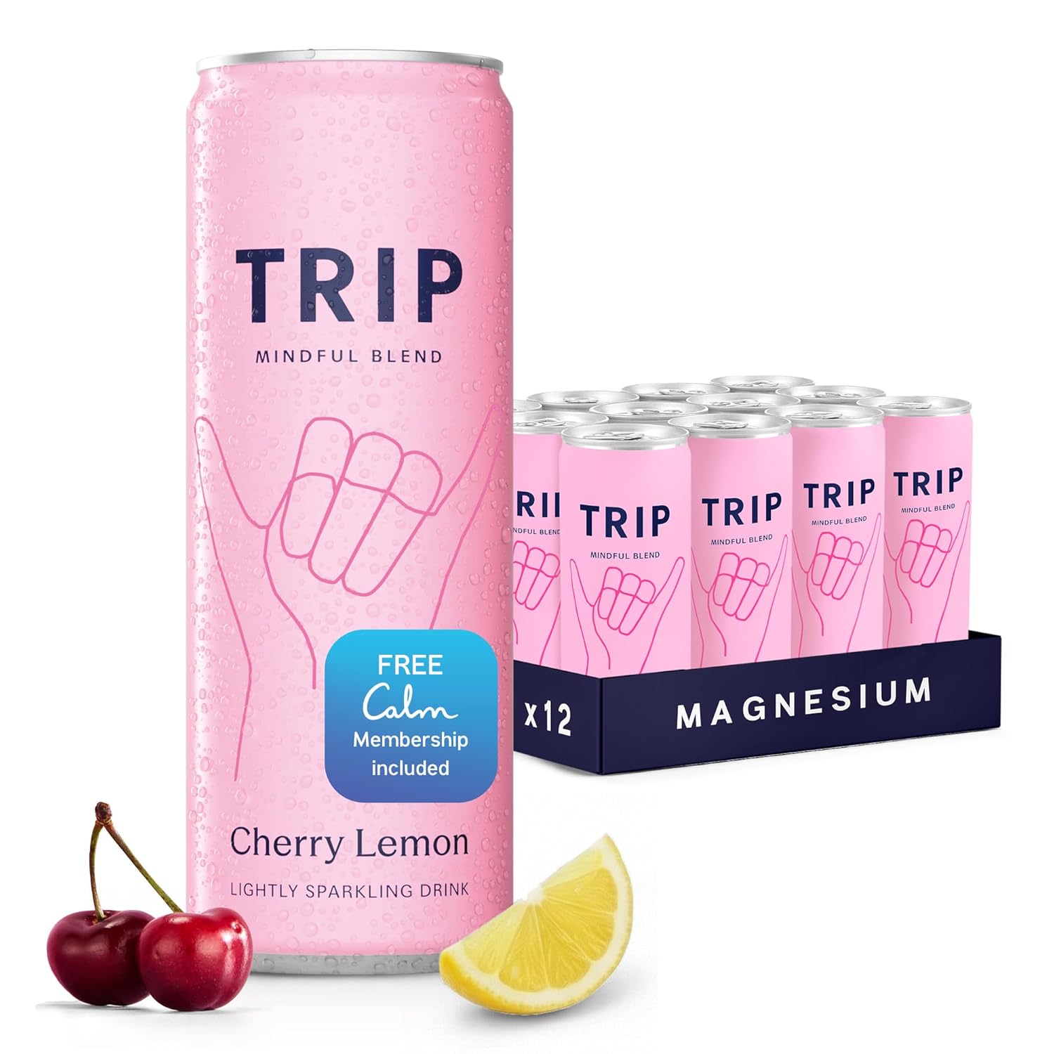 TRIP Lightly Sparkling Adaptogen Drink, Non Alcoholic Drink with Magnesium, Ashwagandha, Lions Mane & L Theanine, No Added Sugar Mocktail, Vegan, Cherry Lemon, 12 Oz, 12Pk