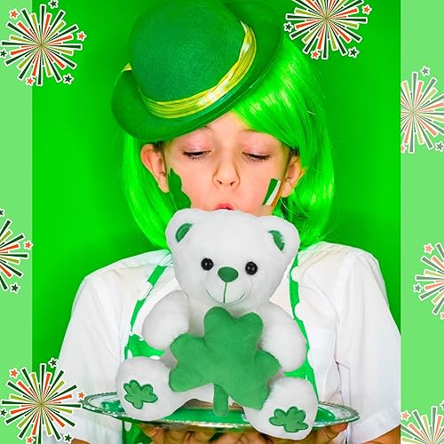 Miniatura 6 de Silipull 2 piezas de peluche de oso blanco del día de San Patricio con tréboles de trébol verde de 9.06 pulgadas, peluche de buena suerte para