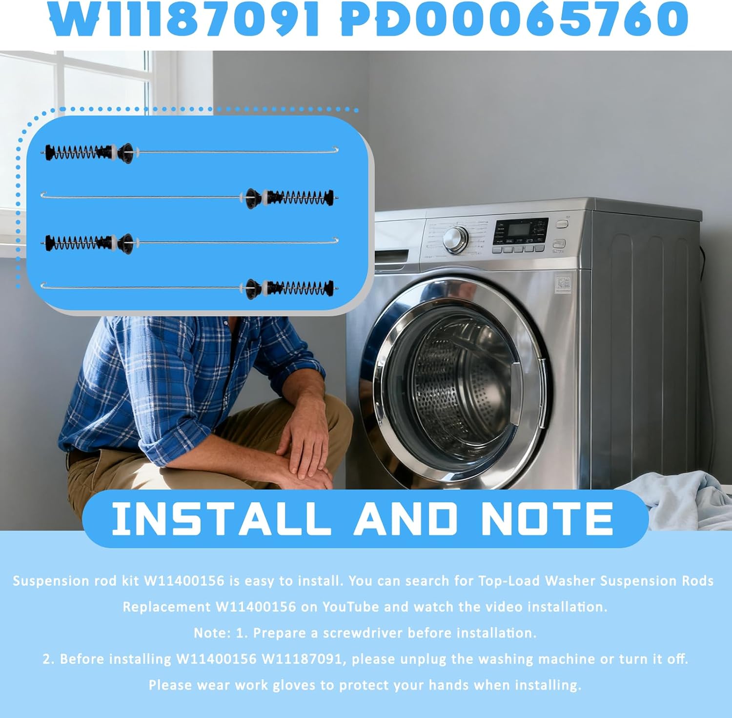 W11400156 Washer Suspension Rods Kit*4(OEM) Replace W11187091 PD00065760 AP6976426 Compatible With maytag Kenmore Whirlpool Washer Suspension Rods MVW7232HW0 WTW7120HW0 WTW8127LC0