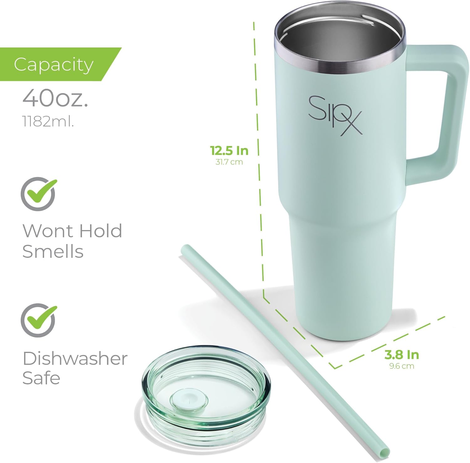 SIPX™ 40 oz Insulated Tumbler with Handle & Straw – Vacuum Insulated Stainless Steel, Leakproof, Cupholder Friendly – Perfect for Iced Coffee, Water & Travel – Green - Image 6