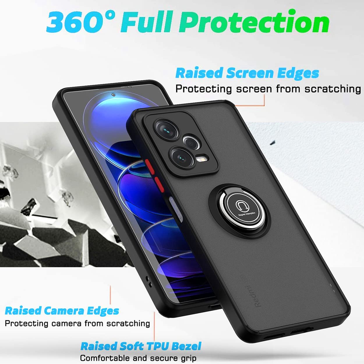 JIAFEI Custodia Per Xiaomi Redmi A1/A2 Con Supporto Anello Magnetico 360° – Traslucida Cielo Blu – Antiurto