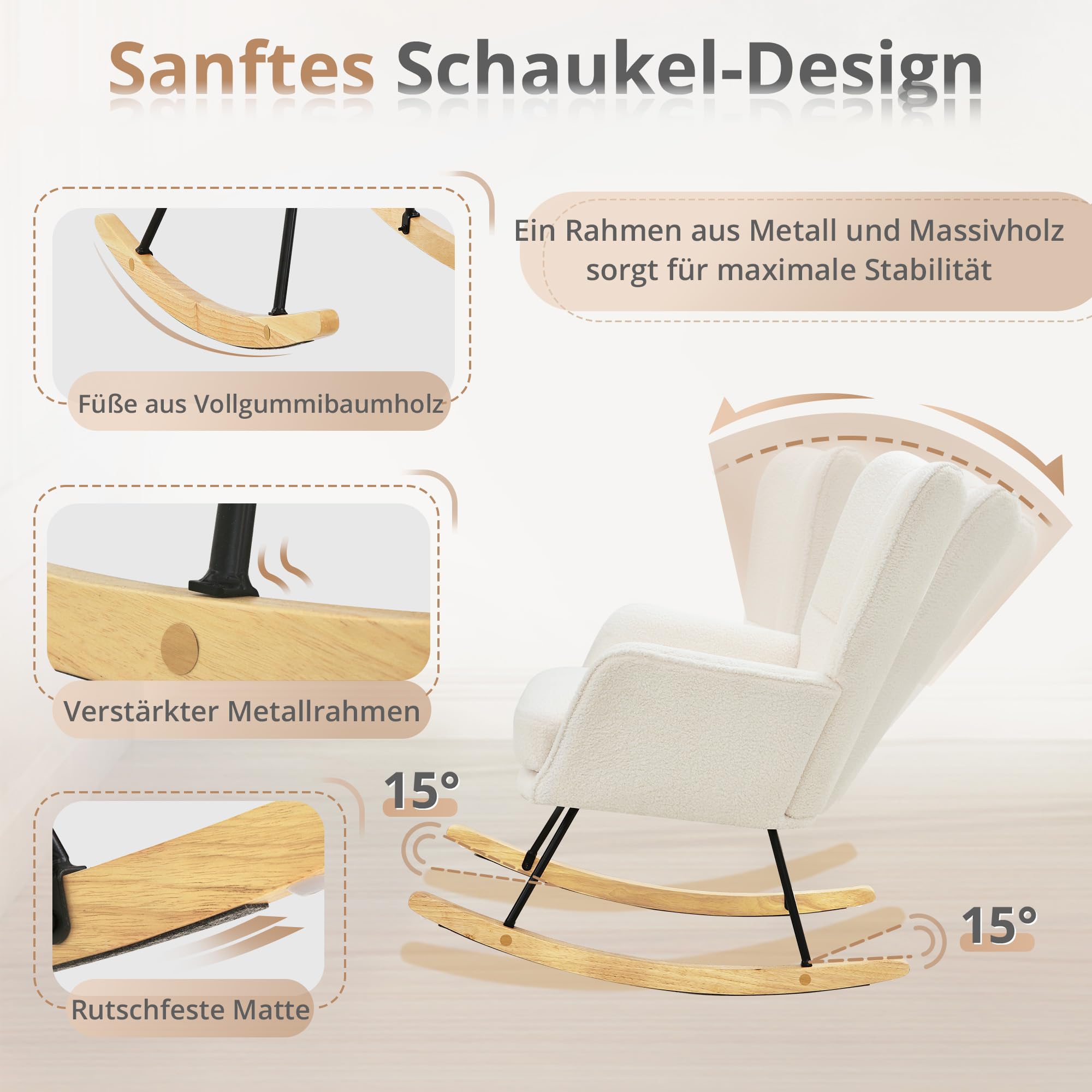 LUE BONA Schaukelstuhl aus Teddystoff mit extra dickem Sitzkissen, Polstersessel mit Armlehnen & Holzkufen, Bequemer Relaxstuhl für Wohnzimmer, Creme-beige