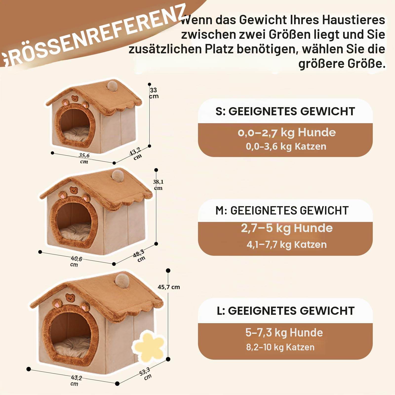 Jiupety Hundehöhle Kleine Hunde mit süßen Bärenohren, Hundehütte Indoor für Kleine Hunde, Hundehaus für Drinnen, Größe L Hundebett mit Dach, Brown Bear