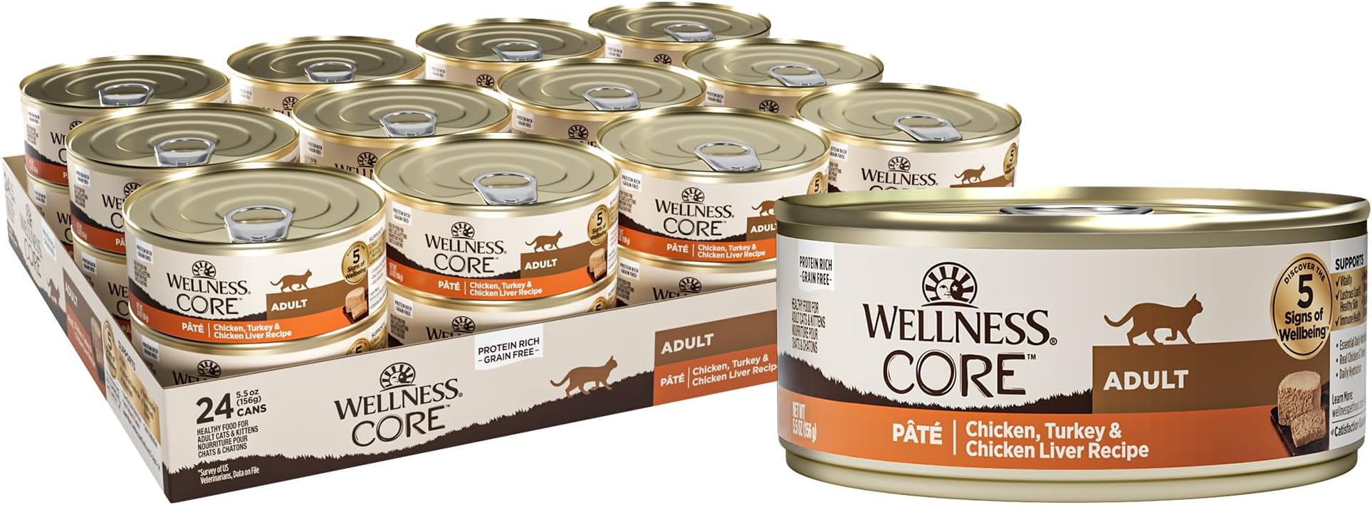 Wellness CORE Grain Free Canned Cat Food, Chicken, Turkey & Chicken LiverPate, 5.5 Ounces (Pack of 24)