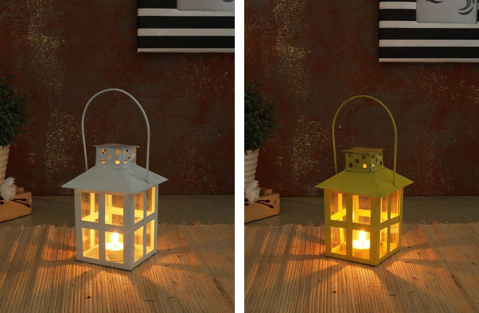 Sammsara Decorative Lantern/Lamp with t-Light Candle, Hanging Light, T-Light Candle Holder, Indoor/Outdoor Decoration, Yellow & White Finish, Size :- (6 inch x 3 Inch x 3 Inch) Set of 2