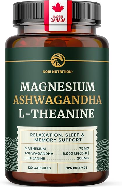 L Théanine, Glycinate de magnésium + Supplément Ashwagandha , Relaxation, sommeil & Soutien mémoire -Soulagement du stress, Calme, Mood & Suppléments pour le sommeil (Fabriqués au Canada) & Non-OGM 120 Ct