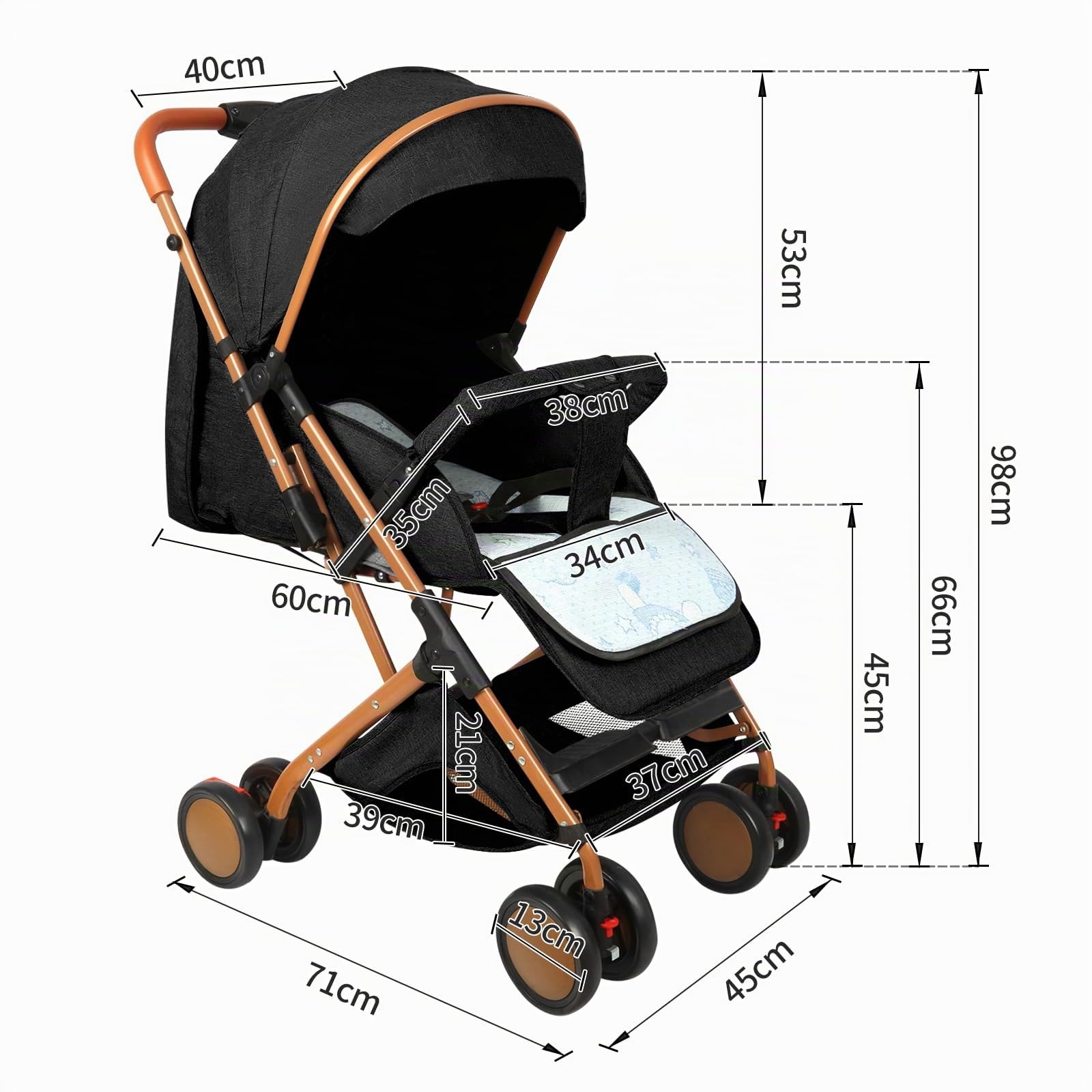poussette canne compacte, Poussette, Ultra-compacte, poussette inclinable, pieds dorés, avec moustiquaire, sac de transport, capote extra-large, 0-6 ans, rangement d'une seule main (noir)