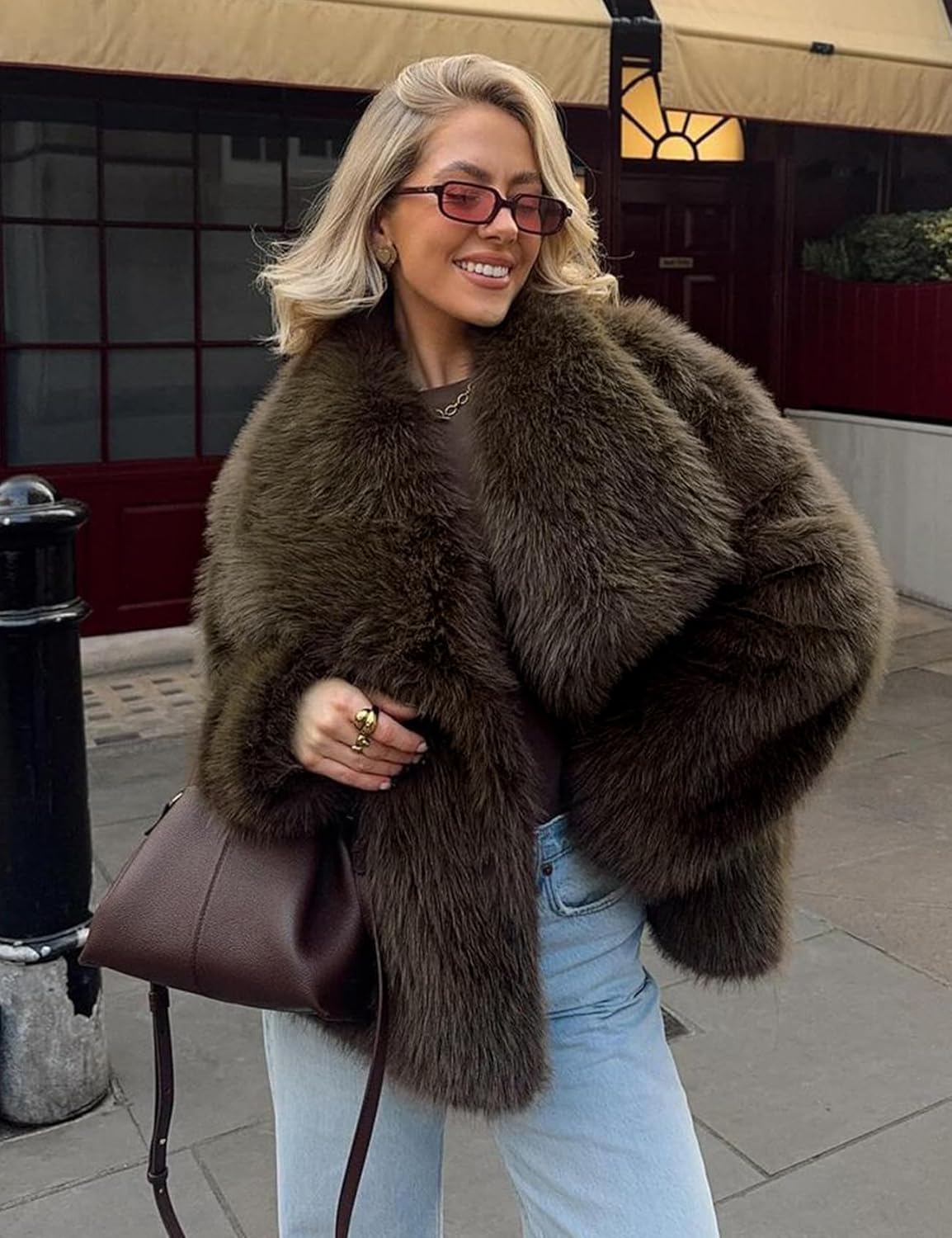 Wyeysyt Womens Faux Fur Coat Cropped Fluffy Shaggy Jacket Lapel Winter Warm Furry Short Coat - Image 2