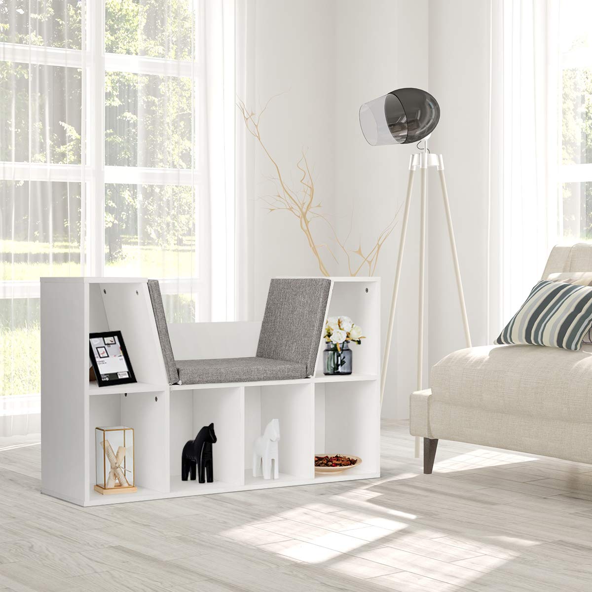 GYMAX Mobiletti per Bambini, Scaffale Libreria in Legno, Seduta con Cuscino, Carico 80 kg, Bianco, 102,5 x 30 x 63,5 cm