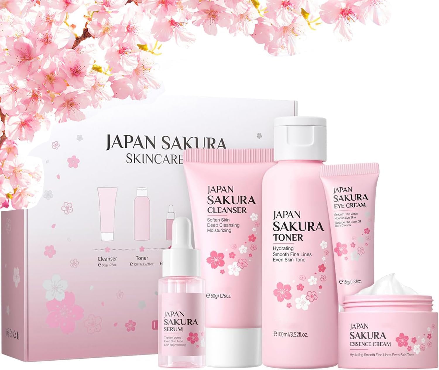 Makbeaty Skin Care Set SAKURA Women Beauty Gift Sets Skin Care Kit with Cleanser, Toner, Serum, Eye Cream, Face Cream Travel Kit for Women Teen Girls Mom Daughter Birthday Sizes 5pcs