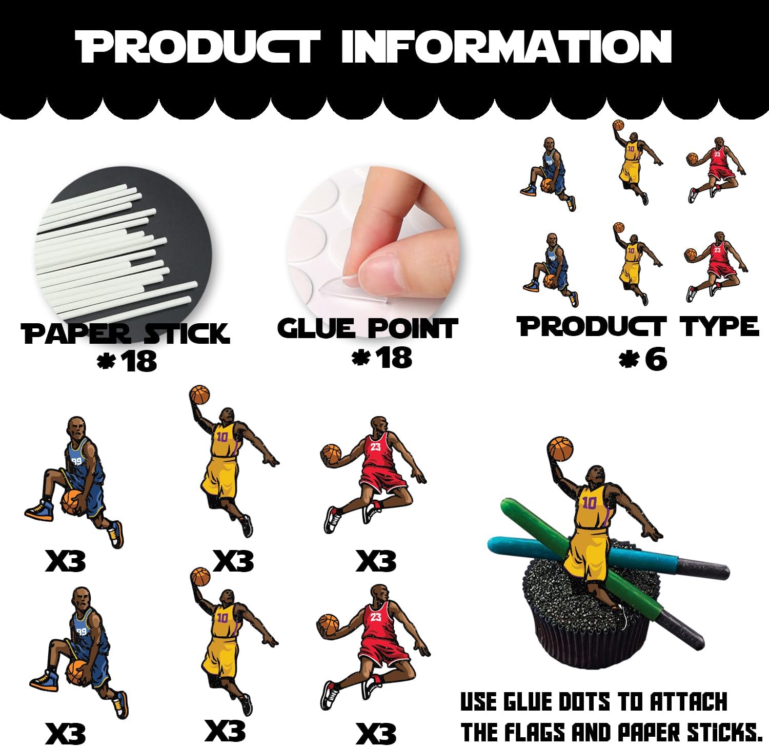 18pcs Glitter Cartoon Characters Play Basketball Dessert Cupcake Topper Basketball Player Scene Theme Decor Supplies Men Boys Happy Birthday Sports Stars Party Decorations