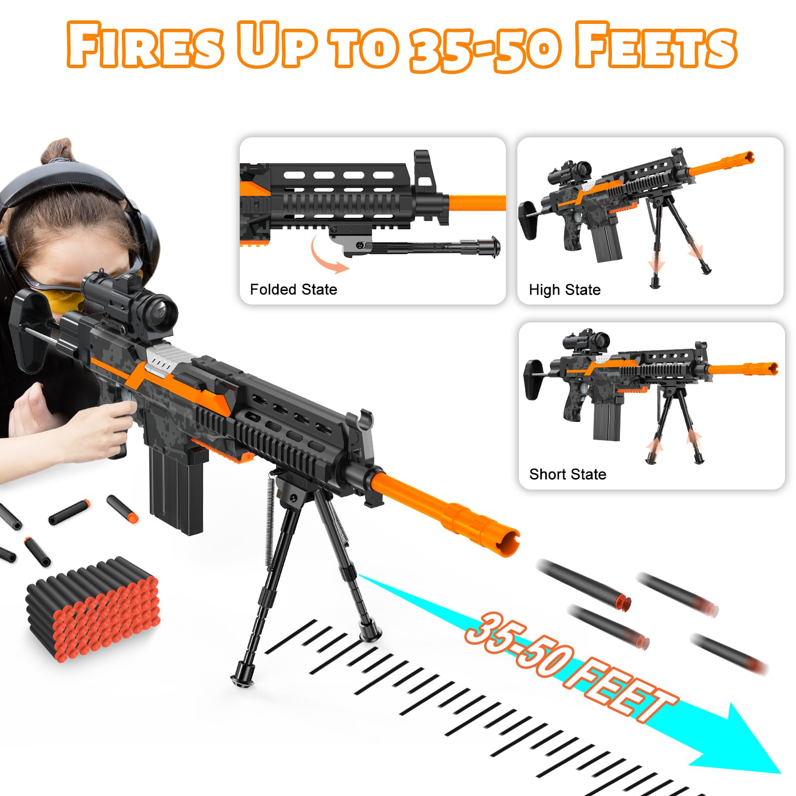 Fucile giocattolo elettrico per Nerf Sniper con cannocchiale, 3 modalità, ricaricabile, con due gambe, 2 riviste e 100 freccette, regalo per ragazzi dai 6 anni in su