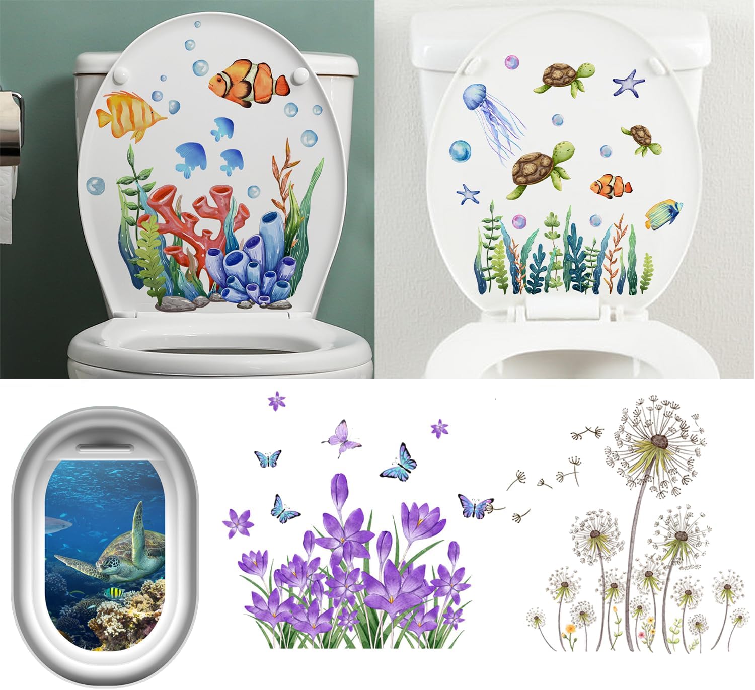 2Pcs Green Plant Leaves Flowers Toilet Stickers Self