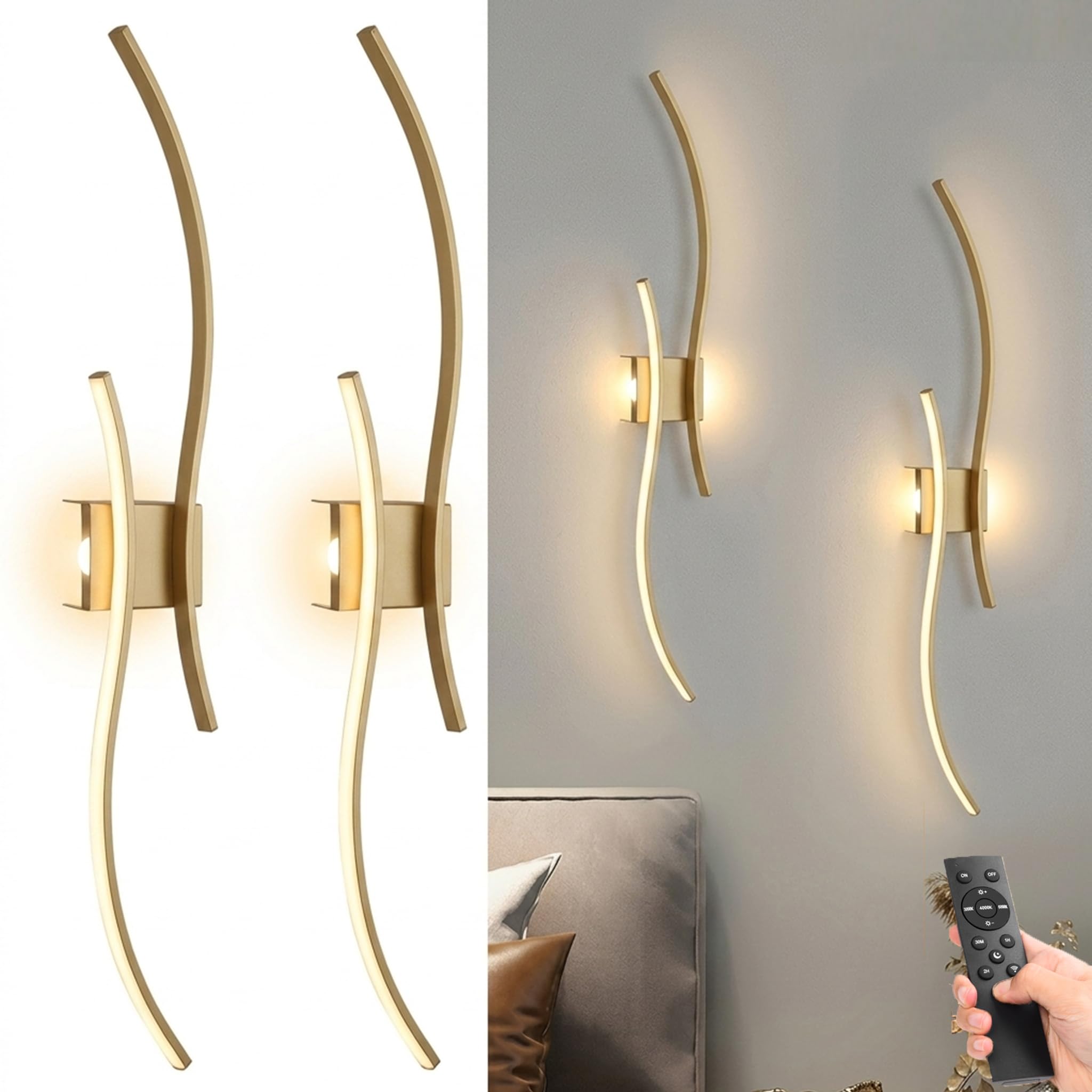 Kinkiet wewnętrzny z akumulatorem 10 000 mAh, zestaw 2 szt. 100 cm, lampa ścienna LED, ściemniana, z pilotem zdalnego sterowania, nowoczesne oświetlenie ścienne, wzornictwo fali, bezprzewodowa
