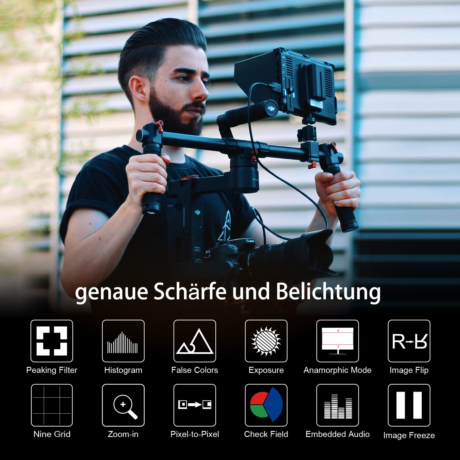 FEELWORLD FW759 Kamera Field Monitor 7 Zoll 4K HDMI Monitor mit F550 Akku Camera Monitor mit Sonnenschutzhaube für DSLR