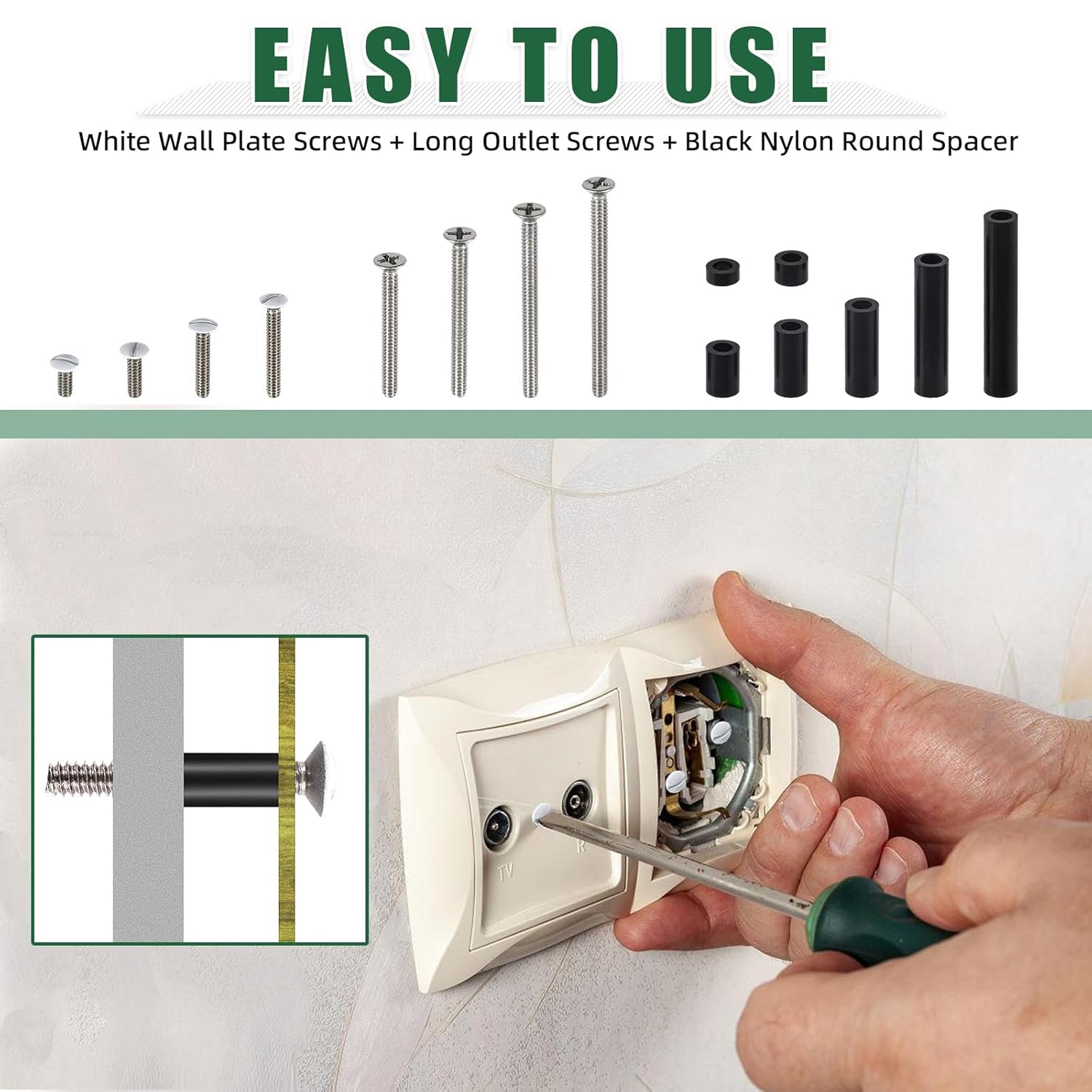 Keadic 385Pcs Electrical Outlet Extender Kit Outlet Screw Spacers Thread Flat Head Device Mounting Long Screws Black Nylon Round Spacer and 6-32 Wall Plate Screws for Switch