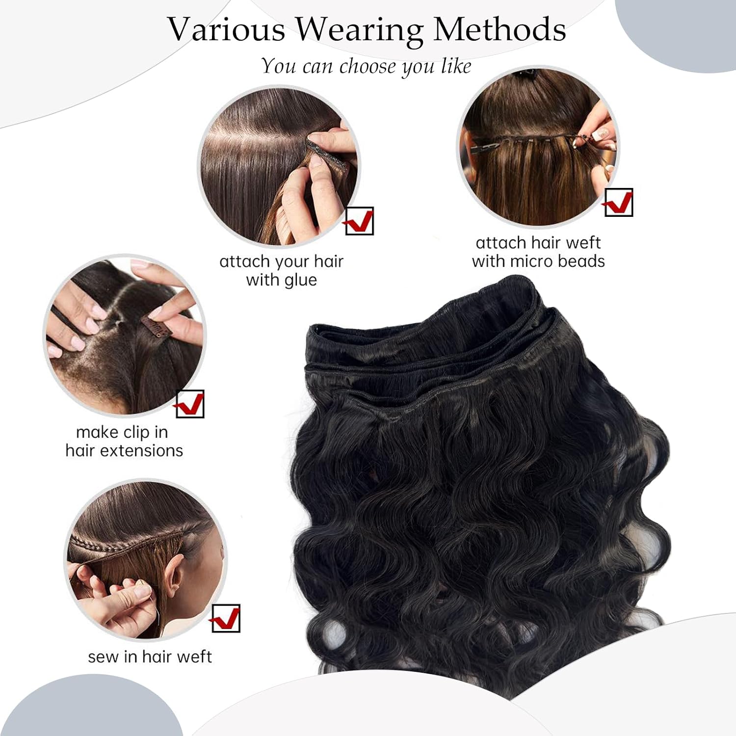 Sew in Bundles Hunan Hair Weft Extensions 22 Inch Body Wave Natural Black Hair Extensions Real Remy Hair Wefts Sew in 100G Hand Tied Weft Hair Extension Human Hair Bundles Weave Extensions for Women