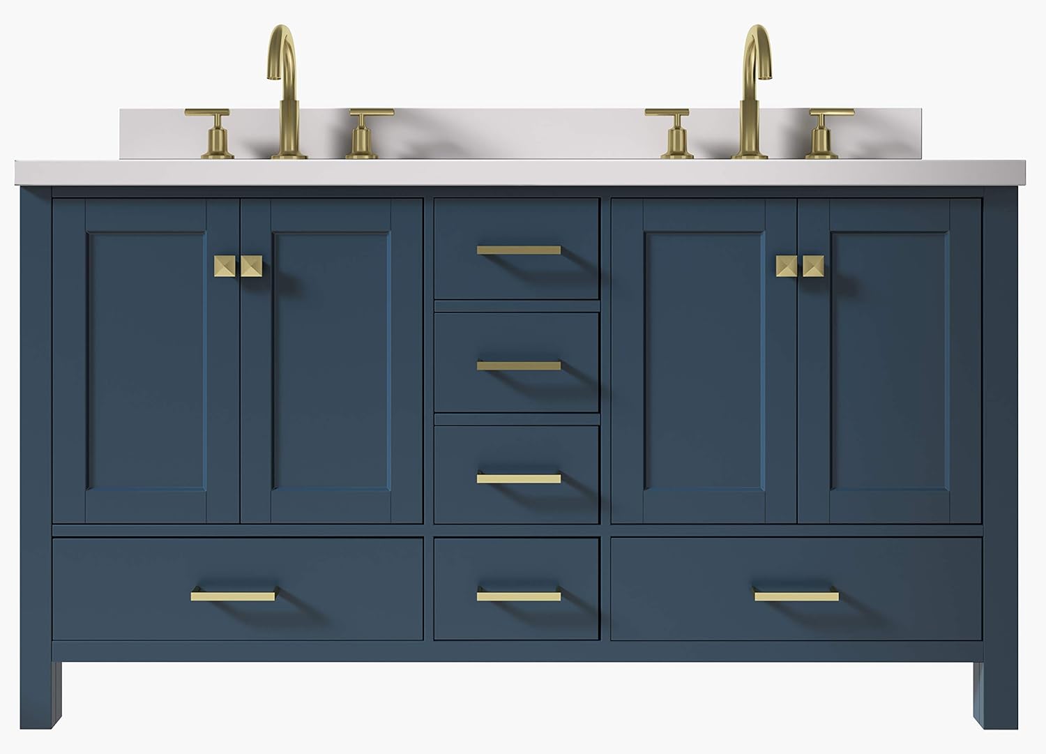 ARIEL Double Bathroom Vanity 61" Inch in Midnight Blue with Pure White Quartz Countertop, Rectangular Sinks, 4 Soft Closing Doors and 6 Full Extension Dovetail Drawers, No Mirror