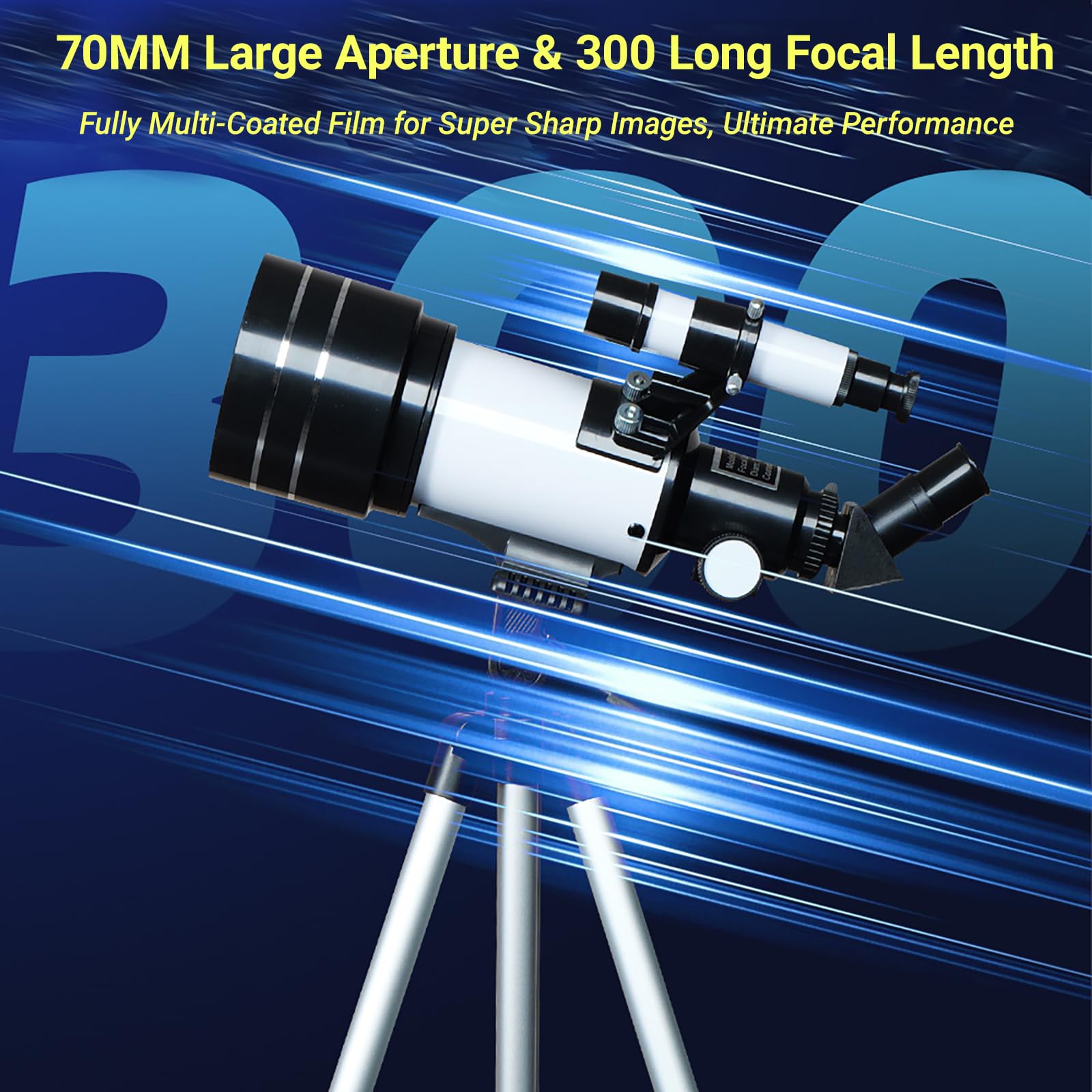 Telescopio Astronómico para Niños Adultos, 70mm Apertura 300mm Telescopio Refractor Portable, 15-150X, Alta Transmisión, con Trípode Ajustable y Soporte para Teléfono para Astronomía Principiantes