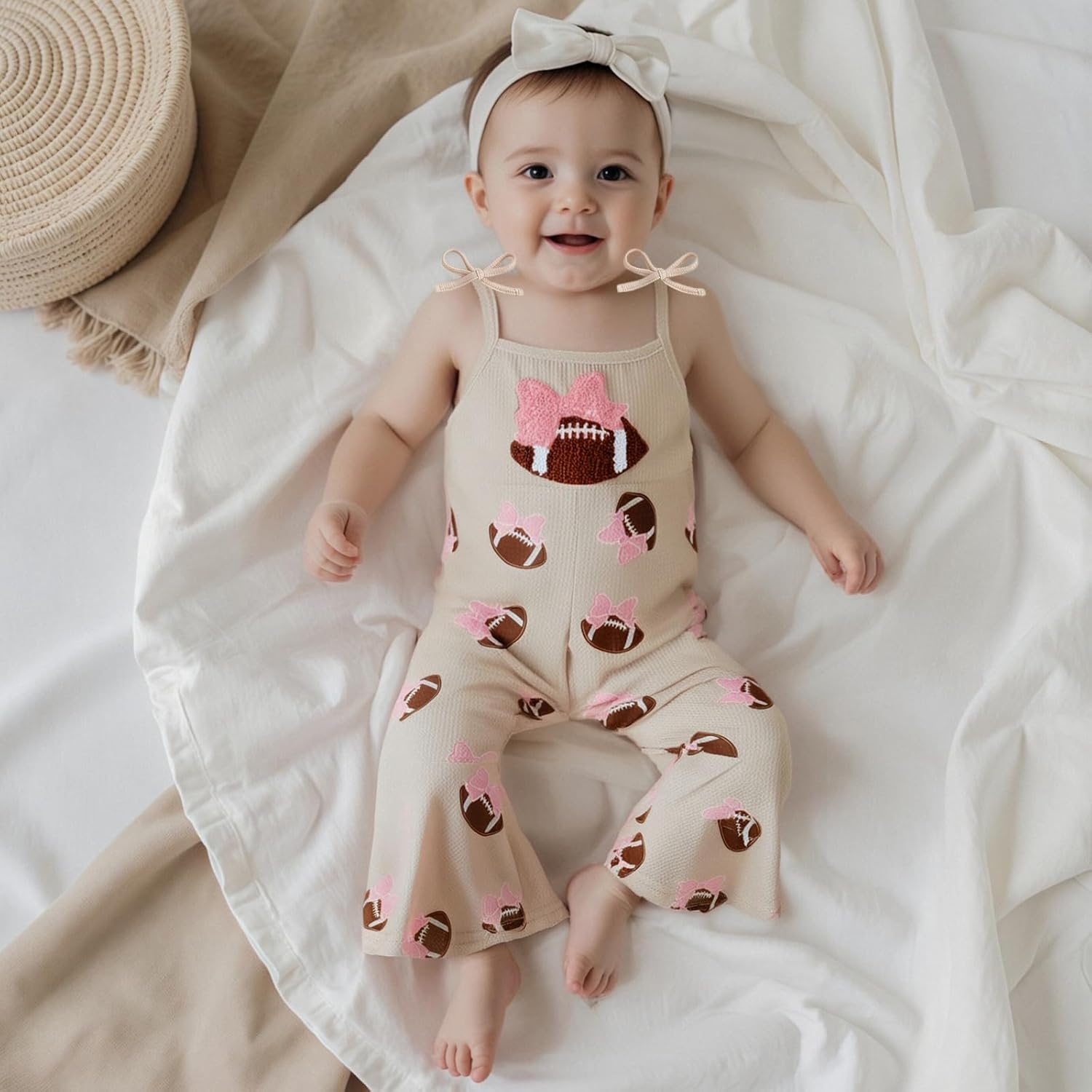 Toddler Baby Girl Football Outfit Bell Bottom Jumpsuit Bow Rugby Embroidery Romper Spaghetti Strap Overalls Cute Clothes - Image 2