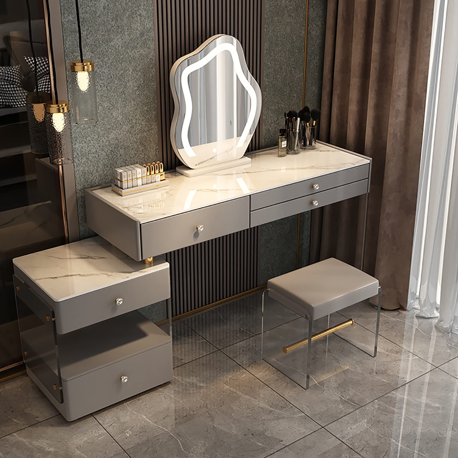 BKSXSOP Lighted Vanity Set with Mirror, Makeup Table Drawers, Upholstered Stool, Modern Dressing for Bedroom, nizer, Stylish Furniture Women