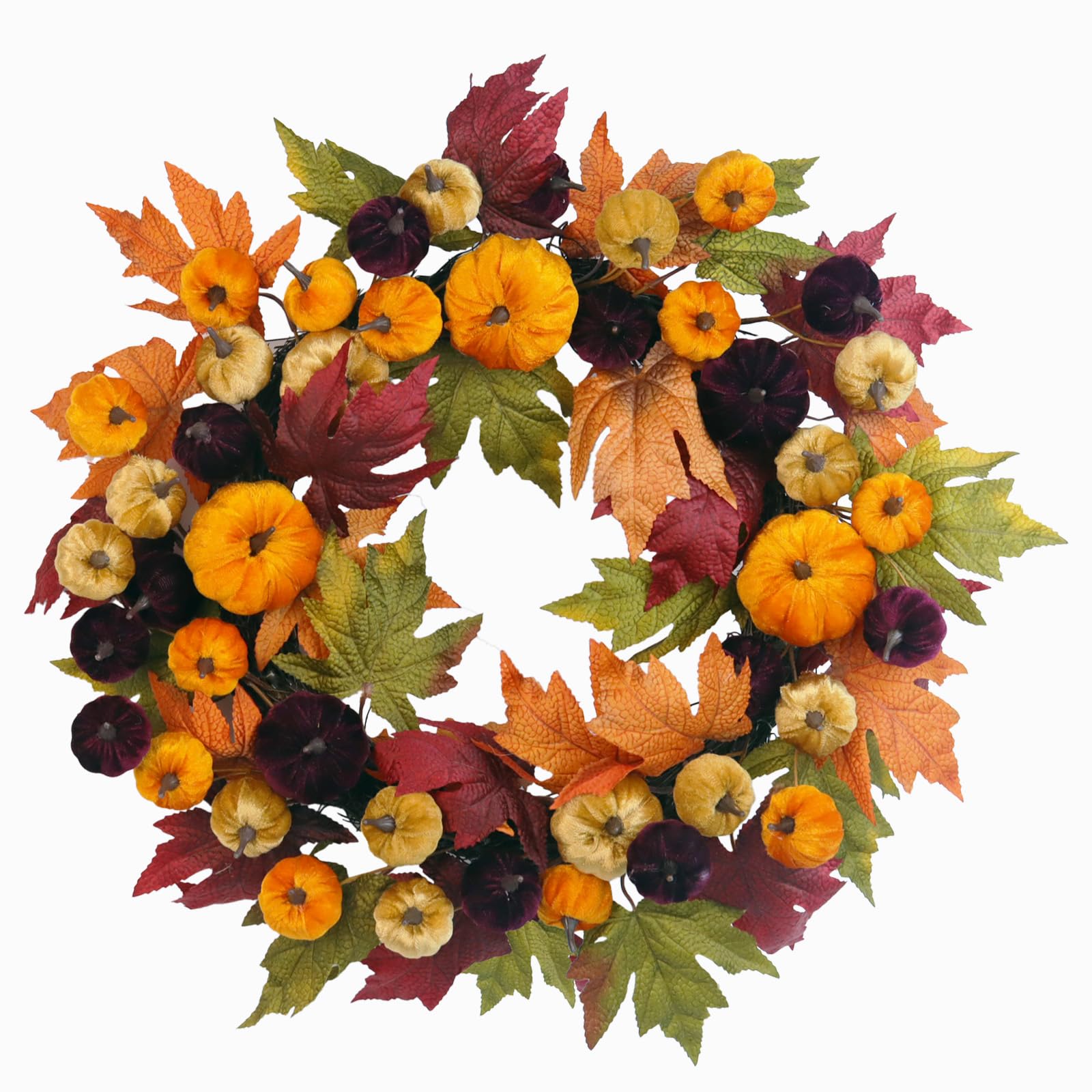 Eksen 24" Autumn Wreath，Fall Harvest Decoration，Autumn Pumpkin and Maple Leaf Wreath for Front Door
