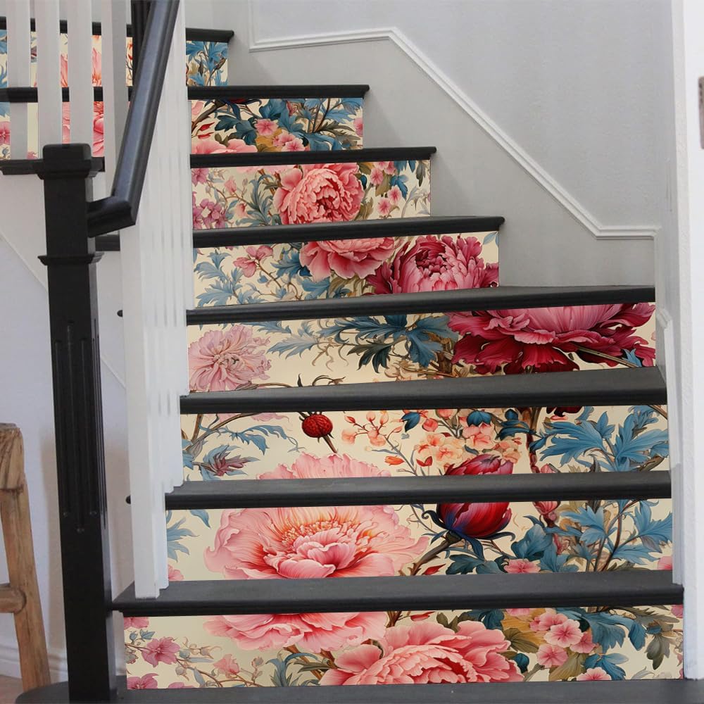 REDAMANCY Vintage Magenta, Beige Peony Flower Peel and Stick Vinyl Stair Riser Decals (14Pcs)