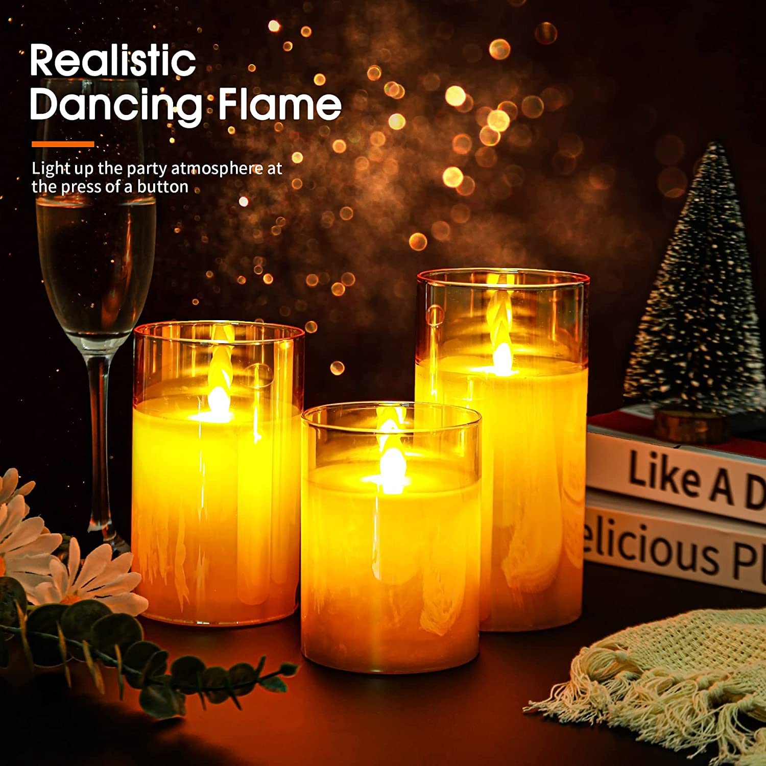LTETTES Real Wax LED Glass Pillar Flameless Candles | Faux Dancing Wick | Amber Gold Glass | Battery Powered with Multifunctional Remote Controller for Home Decor | Set of 3 (H-4",5",6" x D-3") 2
