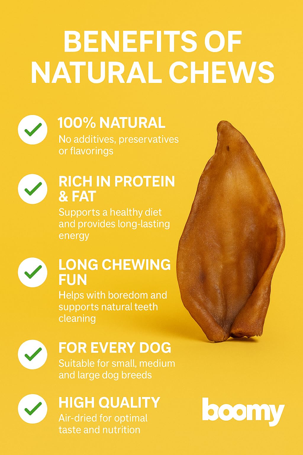 Boomy - Oreilles de porc - Friandises naturelles pour chiens - Friandises à la viande séchée pour chiens - 8 pièces