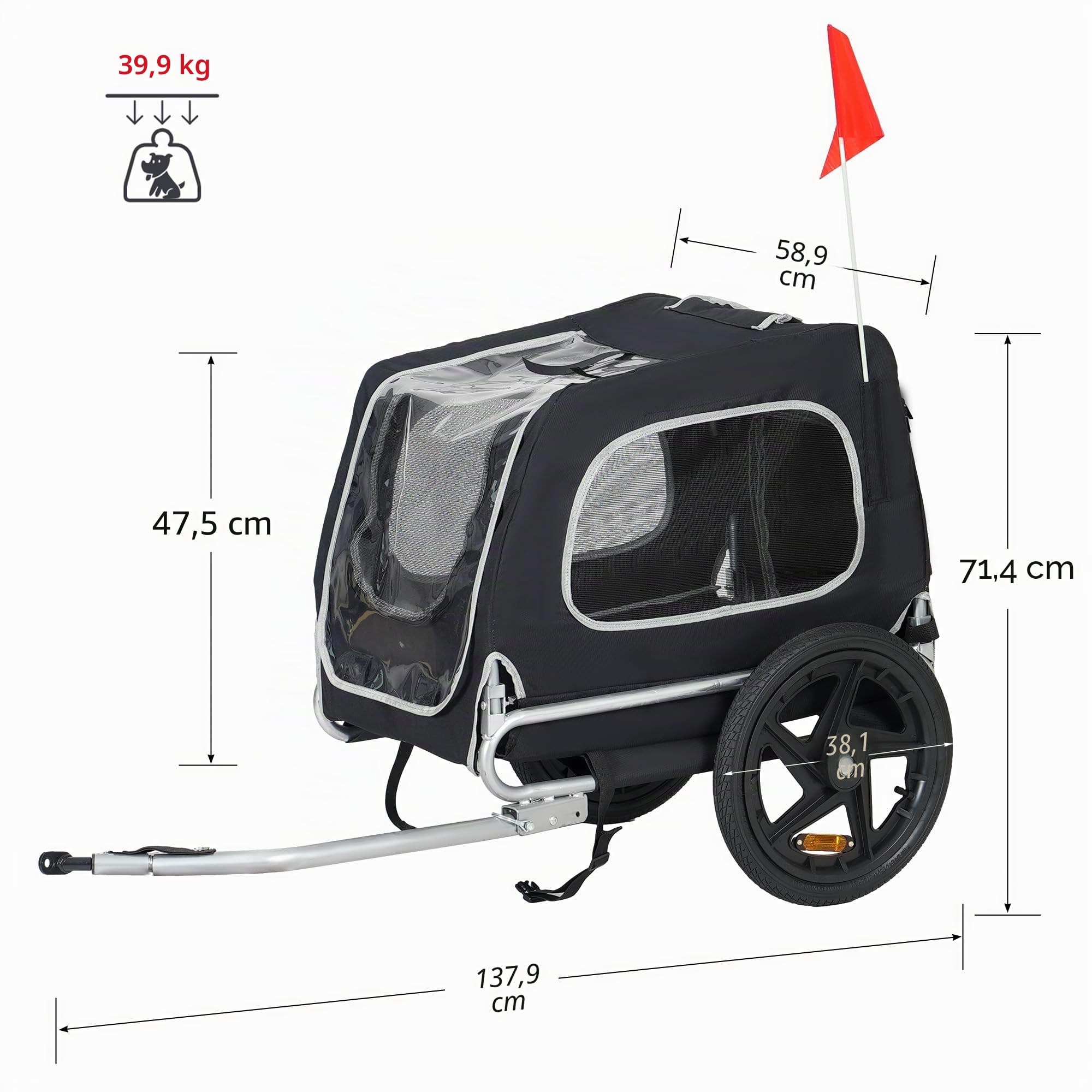 soges Remorque de Vélo pour Chien Pliable jusqu'à 40 kg en Oxford 600D, Remorque de Vélo Dog Bicycle Trailer Chariot Noir pour Chien avec Laisse Interne, Réflecteurs de Sécurité