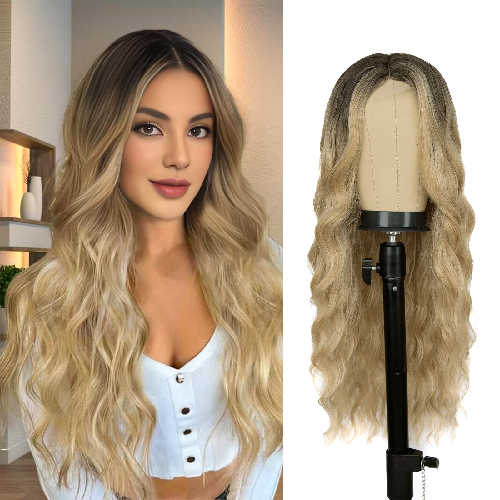 Long Ombre Blonde Wig for Women 26 Inch Middle Part Wavy Women Charming Hair Realistic Natural Looking Synthetic Heat Resistant Fiber Wig for Daily Party Use