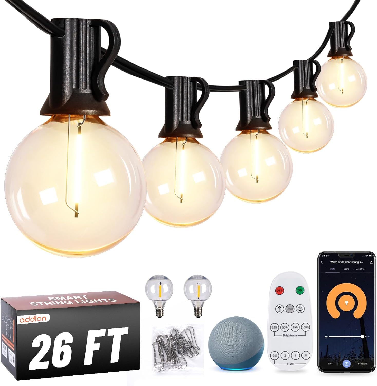 addlon Smart Outdoor String Lights, 26FT APP Control G40 Globe Patio