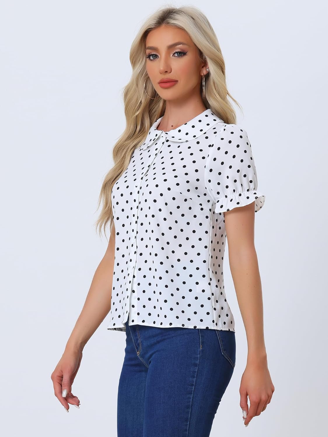 Allegra K Women's Polka Dots Shirt Short Puff Sleeve Vintage Button Up Peter Pan Collar Blouse Tops - Image 3