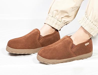 Amazon.com | PEDOQU Men's slipper genuine leather upper shearling
