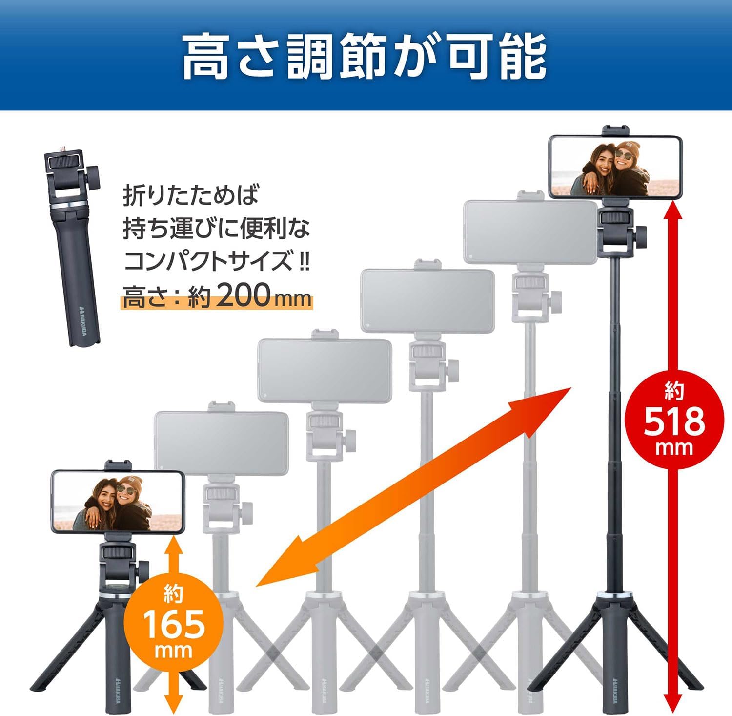 HAKUBA 4977187001440 3-Way Mini Tripod, Selfie Stand, Utility Kit, Table Tripod, Selfie Stick, Multi-Shooting Stand, 3-Way Compatible with Action Grip, Smartphone Adapter, GoPro Mount Included